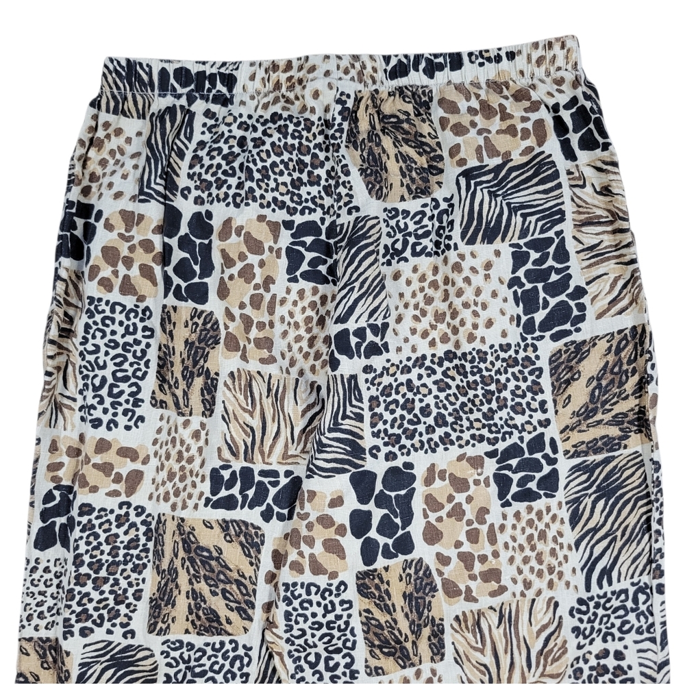 Hot Cotton 100% Linen Pants Womens 1X Brown Animal Print Pull On Cropped Casual - Picture 6 of 11